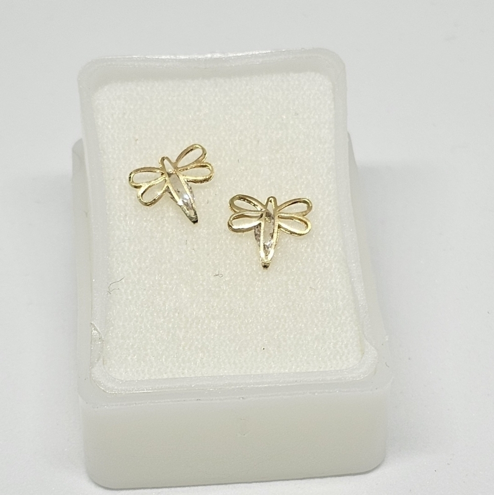 10K Yellow Gold Dragonfly Stud Earrings with CZ Zirconia – Screw Back